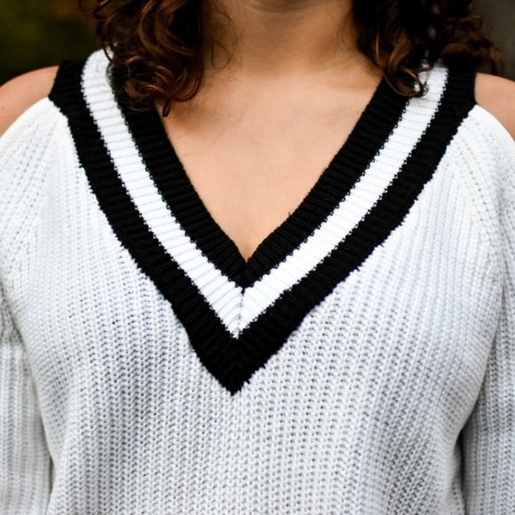 Varsity Vibes Striped V Neck Sweater (Off White) - Picture 7 of 8
